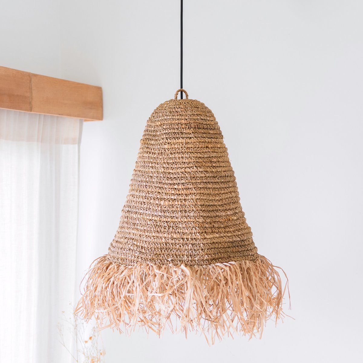 Raffia Hanglamp KALIMA – Handgeweven Boho Lampenkap met Franjes