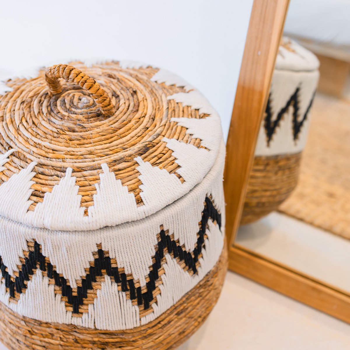 Wasmand met deksel – Boho Wasmand Rond – Grote Boho Mand – Geweven Mand met Katoenpatroon PALEM (3 maten Ø33/43/55cm)