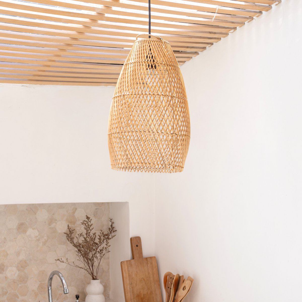 Rotan Plafondlamp TABUNG – Handgemaakte Boho Lampenkap