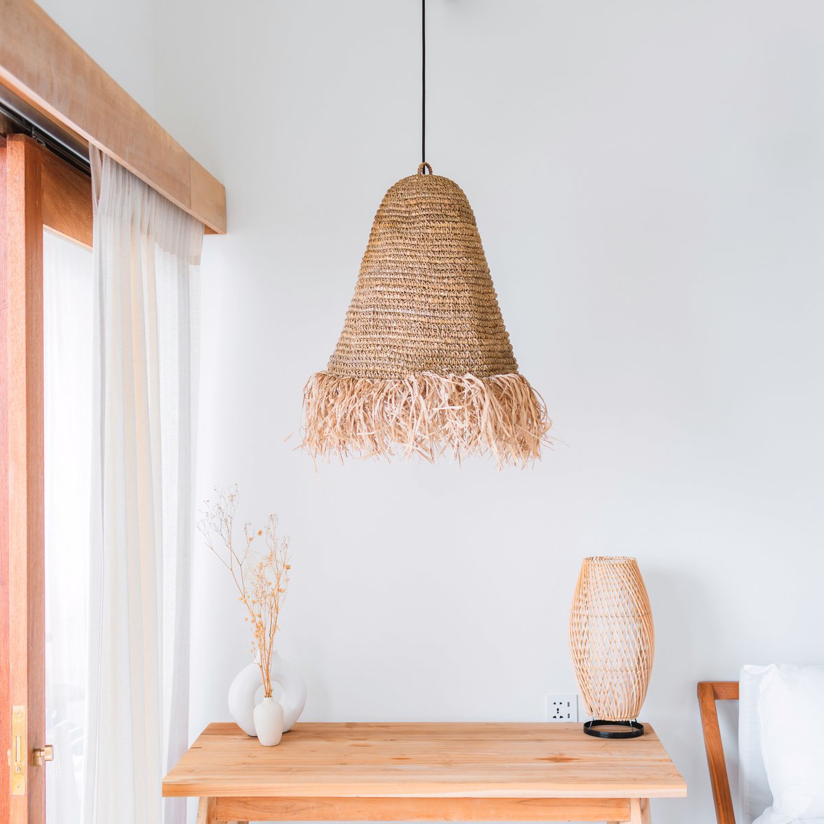 Raffia Hanglamp KALIMA – Handgeweven Boho Lampenkap met Franjes