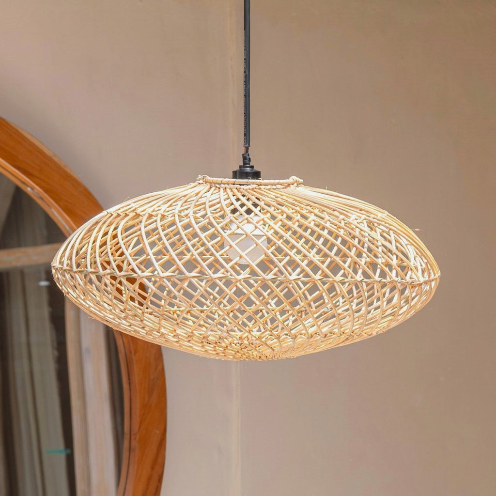 Rotan Hanglamp ARANA – Plat Handgeweven Boho Lampenkap (Ø 40 cm)