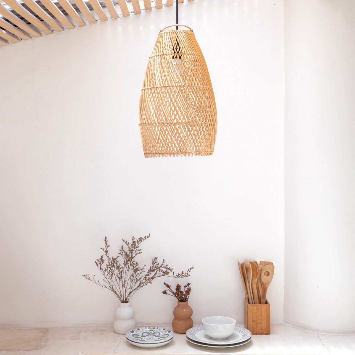 Rotan Plafondlamp TABUNG – Handgemaakte Boho Lampenkap