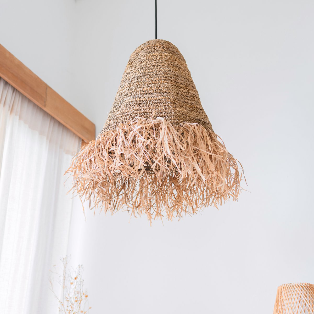 Raffia Hanglamp KALIMA – Handgeweven Boho Lampenkap met Franjes