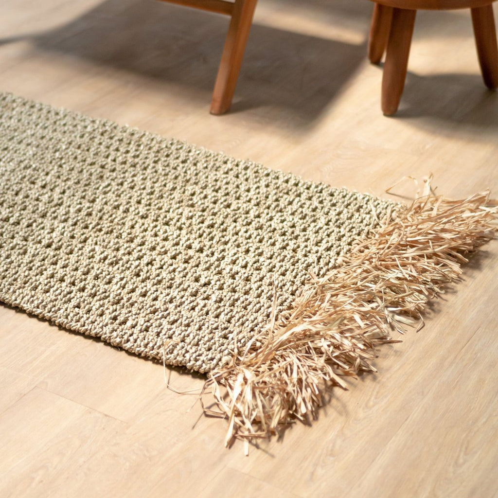 Handgeweven Zeegras Vloerkleed BARA – Boho Tapijt met Kwastjes (120x60 cm)
