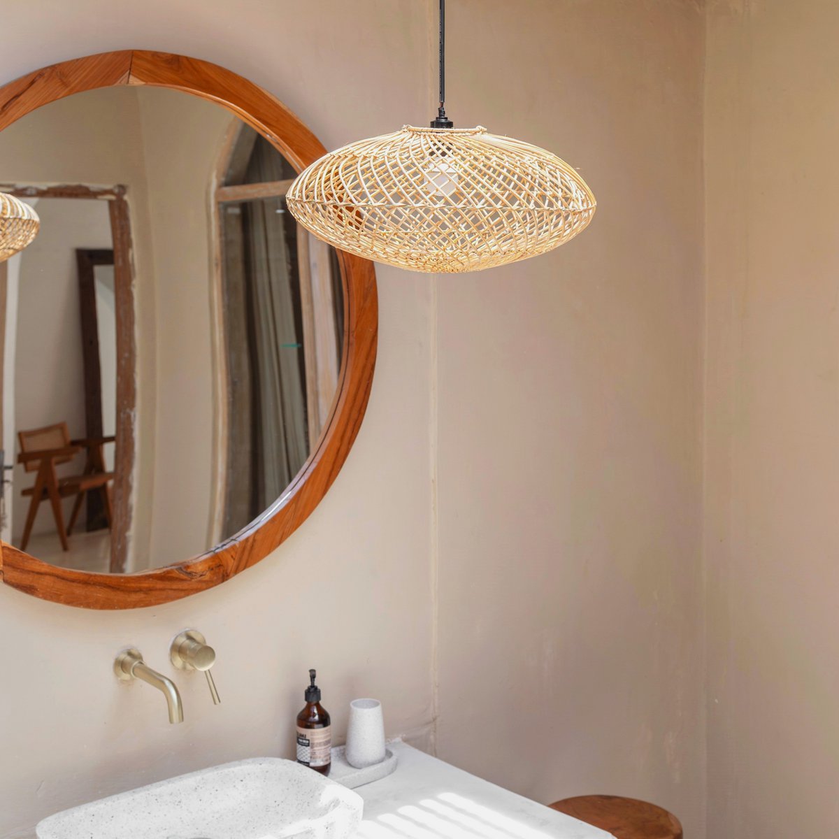 Rotan Hanglamp ARANA – Plat Handgeweven Boho Lampenkap (Ø 40 cm)