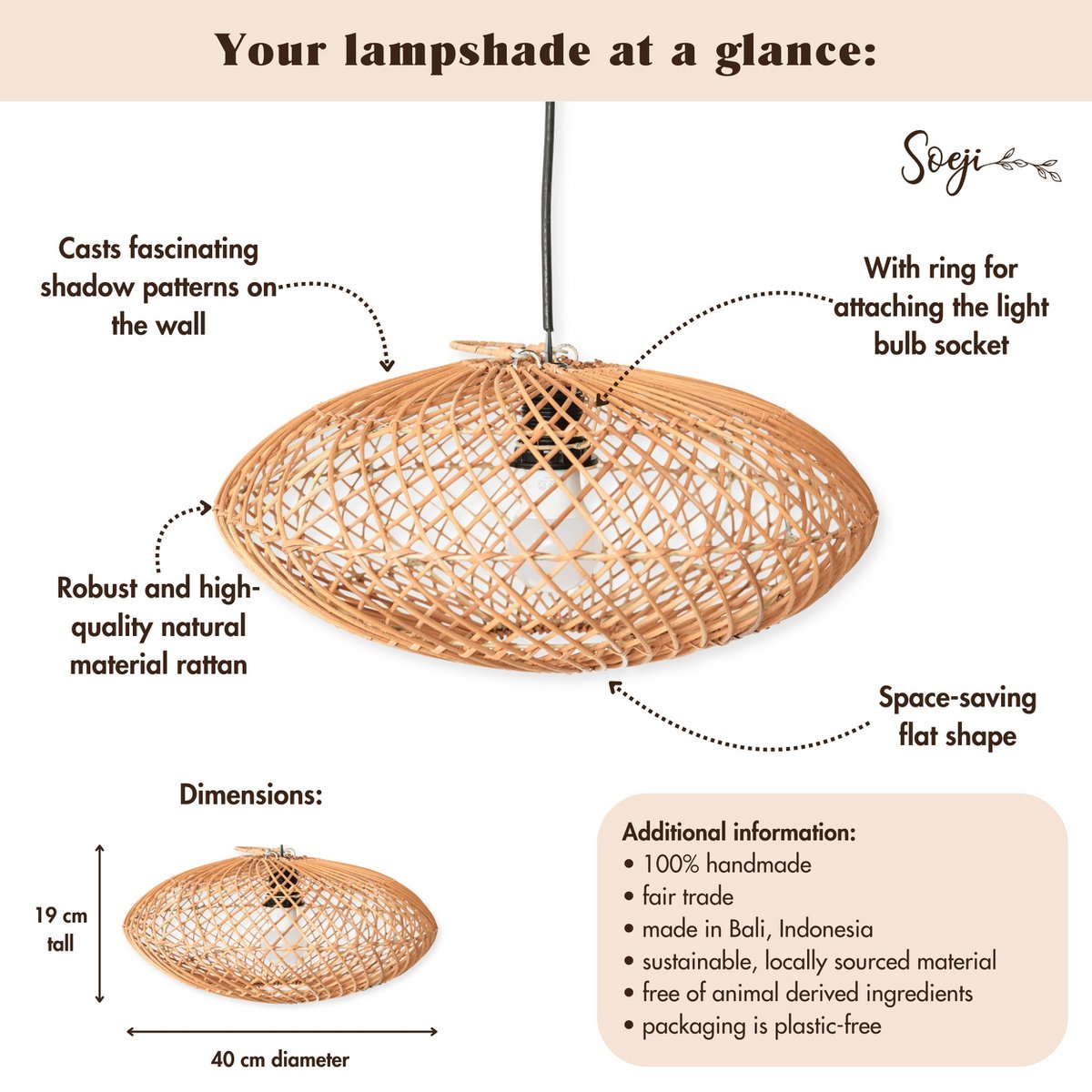 Rotan Hanglamp ARANA – Plat Handgeweven Boho Lampenkap (Ø 40 cm)