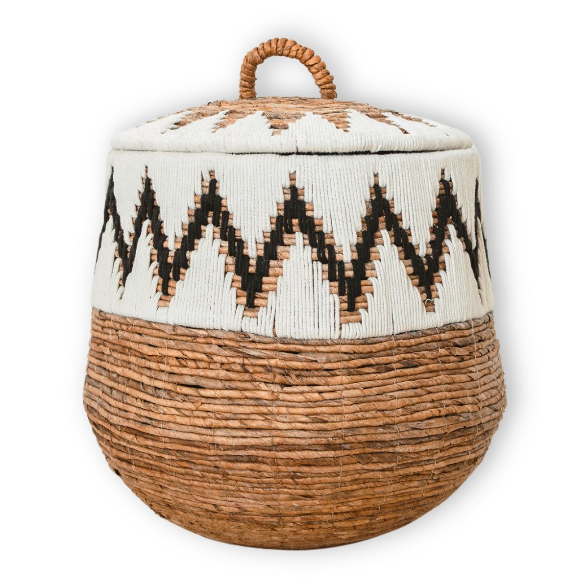 Wasmand met deksel – Boho Wasmand Rond – Grote Boho Mand – Geweven Mand met Katoenpatroon PALEM (3 maten Ø33/43/55cm)